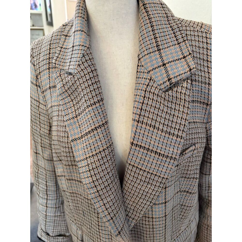 Anthropologie Free People Plaid Knit Blazer Jacket Women's Medium Blue Tan